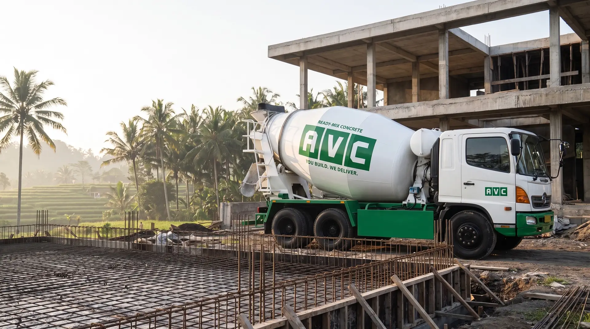 Mixer truck in AVC livery at a construction site in Bali